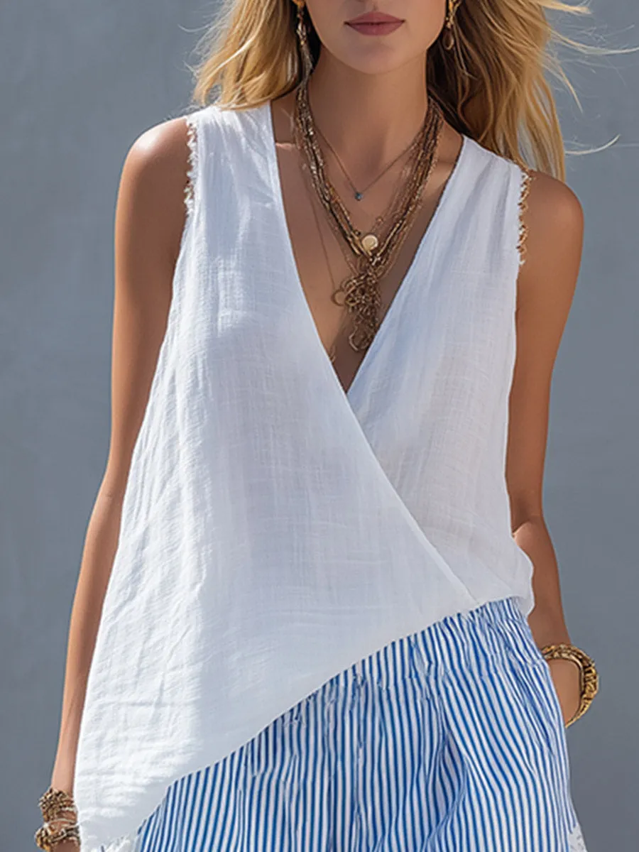 Stylish & Casual White Cotton-Linen Top And Blue Striped Shorts Set sold by Oyrosy product image thumbnail 3