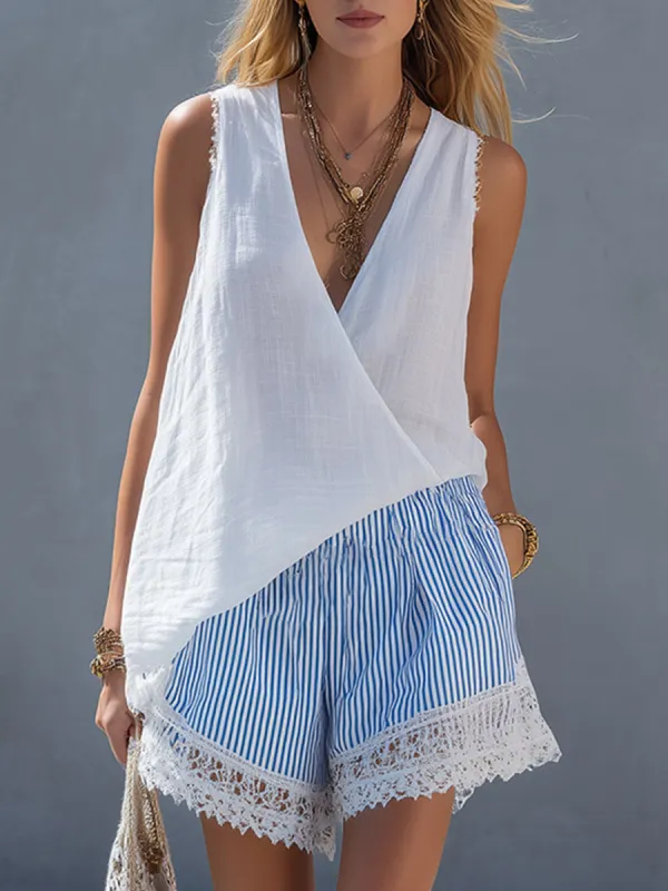 Stylish & Casual White Cotton-Linen Top And Blue Striped Shorts Set made by Oyrosy