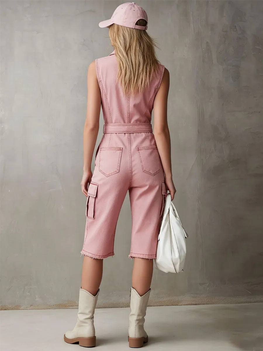Retro-style Denim Multi-pocket Sleeveless Short Jumpsuit sold by Oyrosy product image thumbnail 3