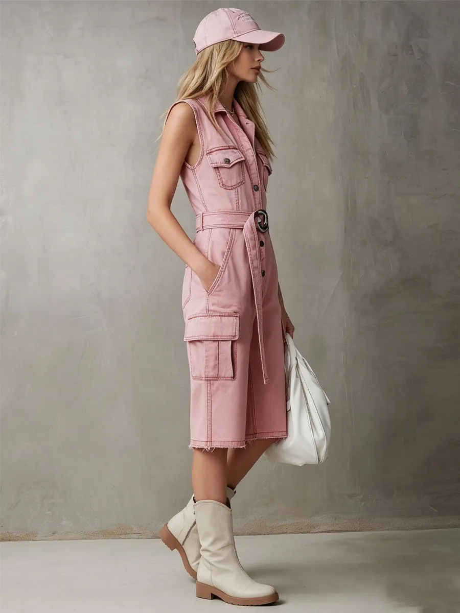 Retro-style Denim Multi-pocket Sleeveless Short Jumpsuit sold by Oyrosy product image thumbnail 2