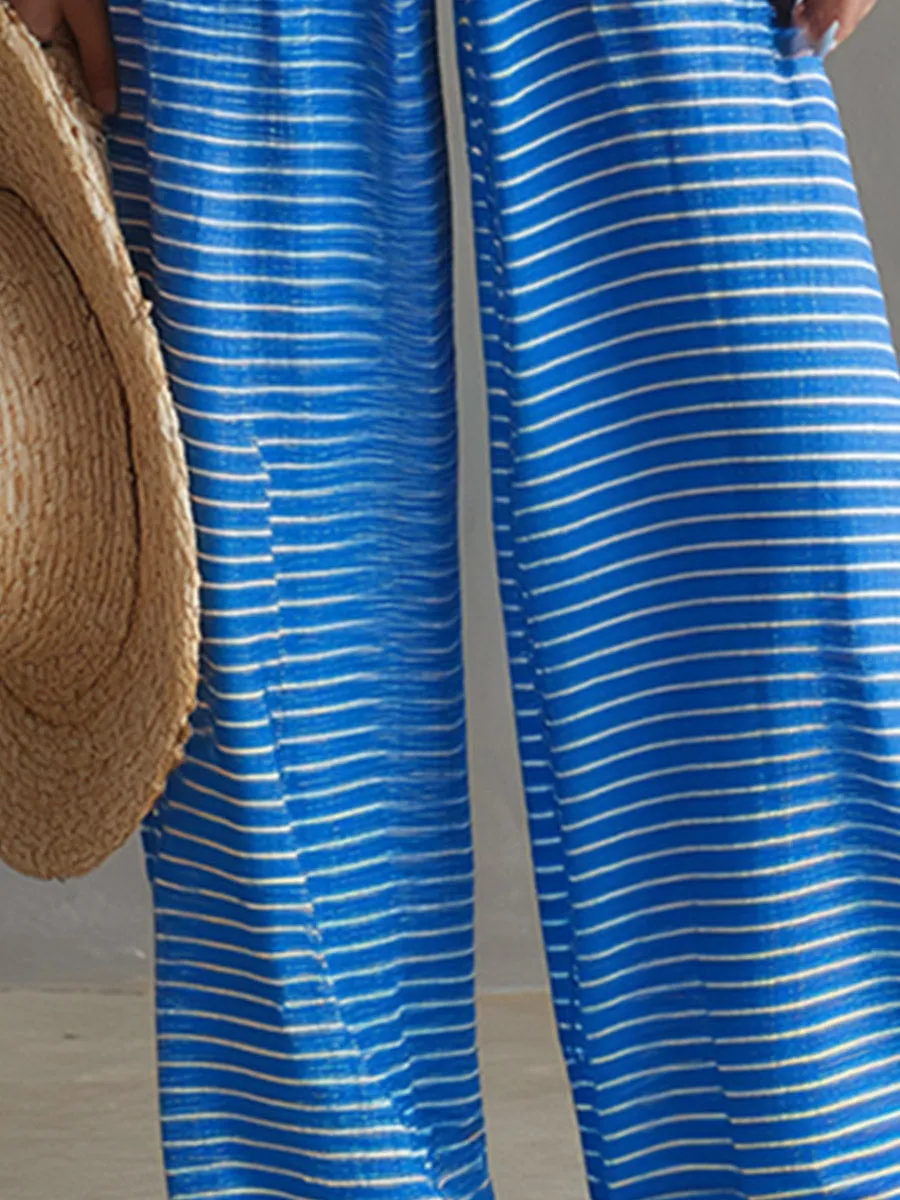 Chic Blue Striped Off-the-Shoulder Bandeau Top And Wide-Leg Pants Set sold by Oyrosy product image thumbnail 4