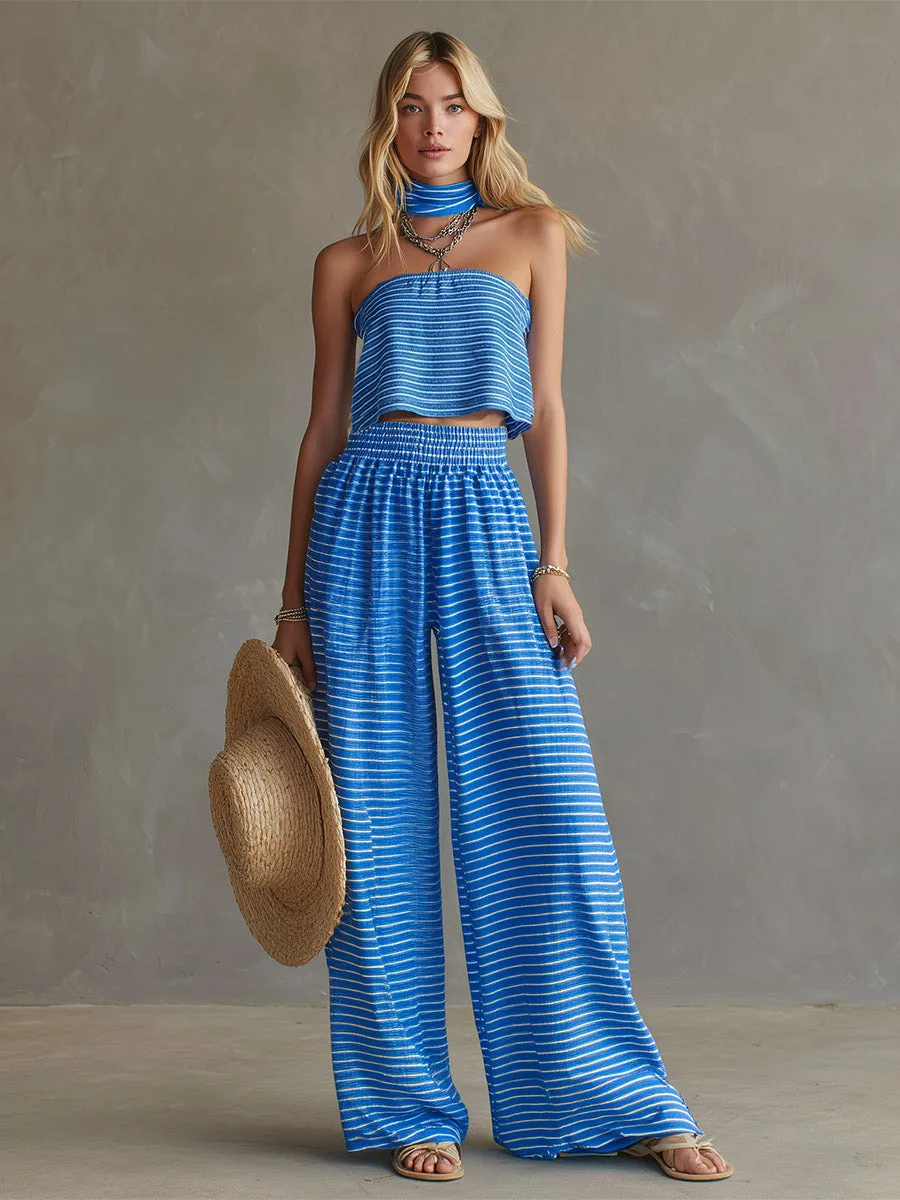 Chic Blue Striped Off-the-Shoulder Bandeau Top And Wide-Leg Pants Set sold by Oyrosy product image thumbnail 2