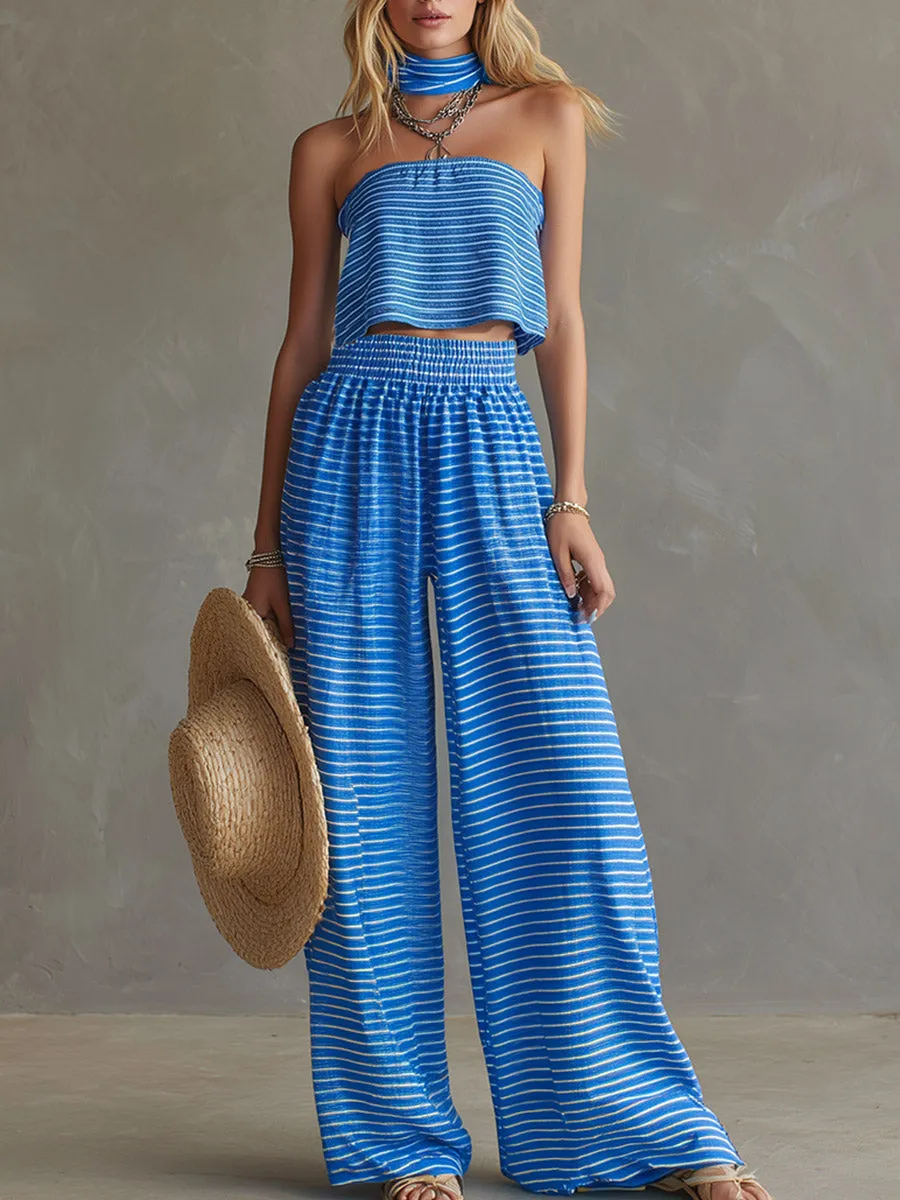 Chic Blue Striped Off-the-Shoulder Bandeau Top And Wide-Leg Pants Set sold by Oyrosy