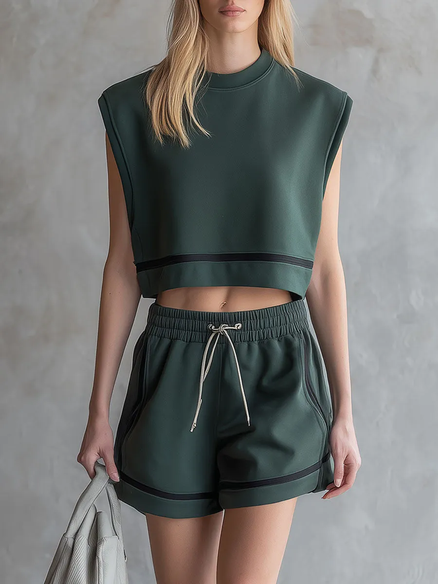 Retro Casual Sporty Green Crew Neck Sleeveless Tissue Top And Shorts Set sold by Oyrosy
