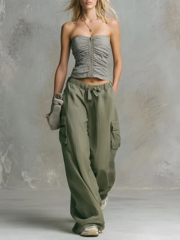 Retro Casual Gray Strapless Cotton-linen Top And Green Cargo Pants Set made by Oyrosy