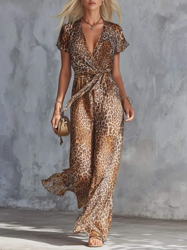 Retro Brown Leopard Print Short-sleeved V-neck Tie-waist Chiffon Jumpsuit made by Oyrosy