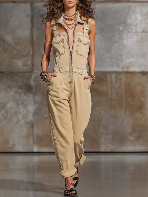 Casual Retro Mesh Patchwork Overalls Light Yellow Denim Jumpsuit made by Oyrosy
