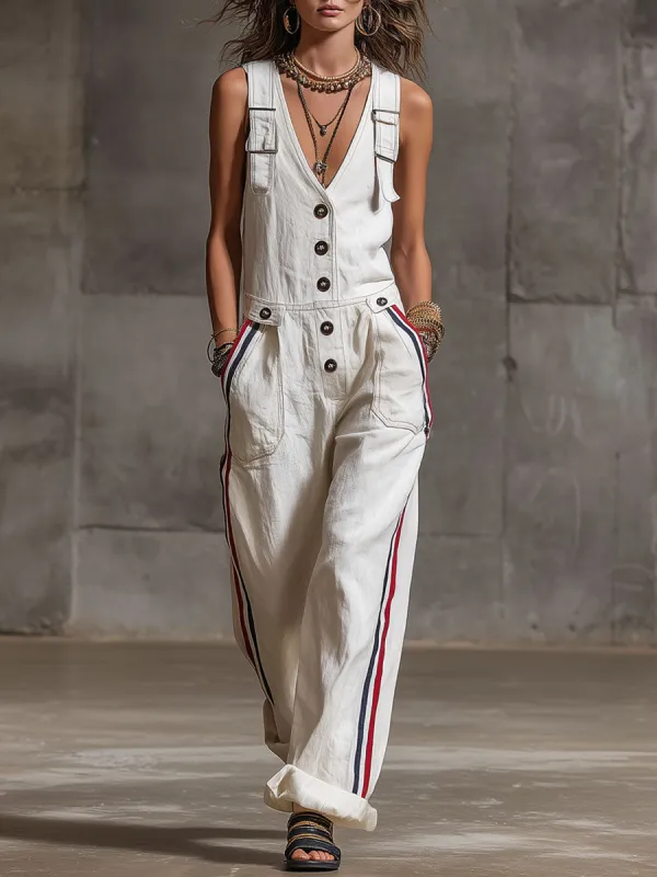 Casual Retro Striped Webbing White Cotton Linen Sleeveless Overalls Jumpsuit made by Oyrosy