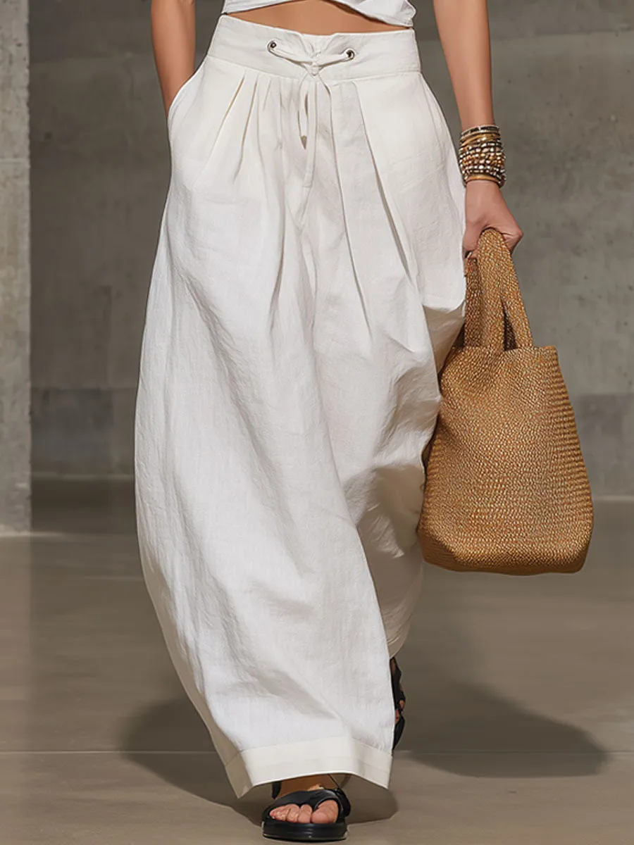 Casual Retro White Cotton Linen Sleeveless Wide-Leg Pants Set sold by Oyrosy product image thumbnail 5