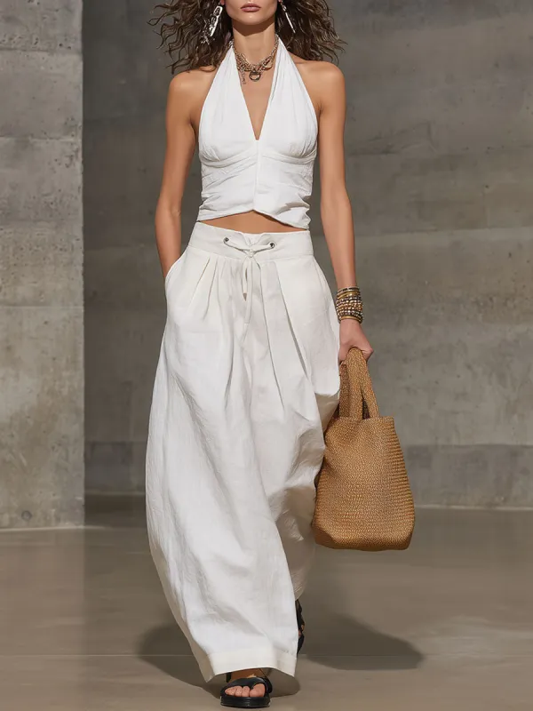 Casual Retro White Cotton Linen Sleeveless Wide-Leg Pants Set made by Oyrosy