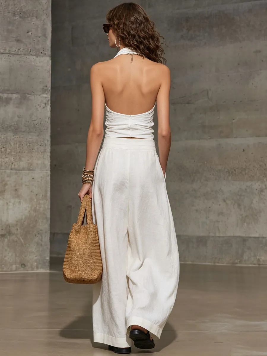 Casual Retro White Cotton Linen Sleeveless Wide-Leg Pants Set sold by Oyrosy product image thumbnail 3