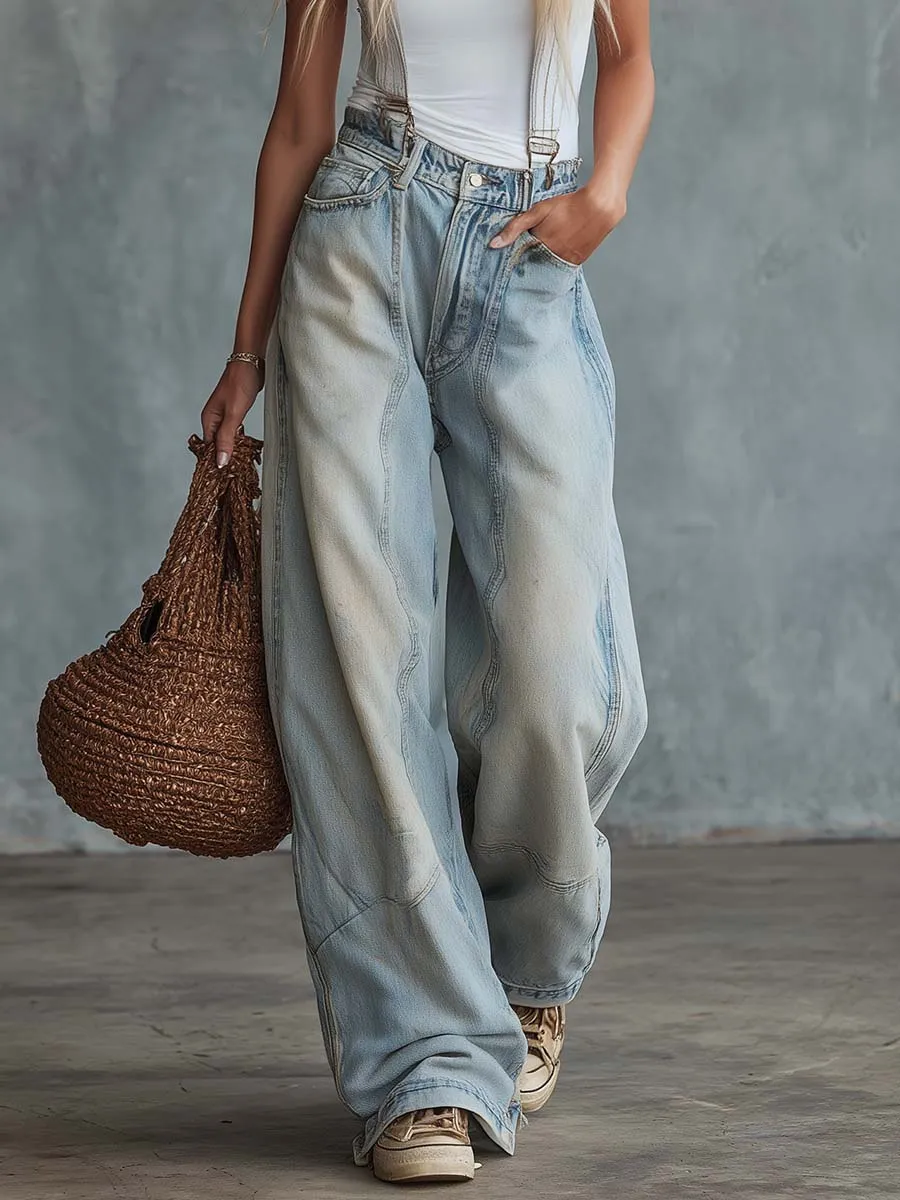 Retro Casual Distressed Light Blue Denim Wide-Leg Overalls sold by Oyrosy product image thumbnail 4