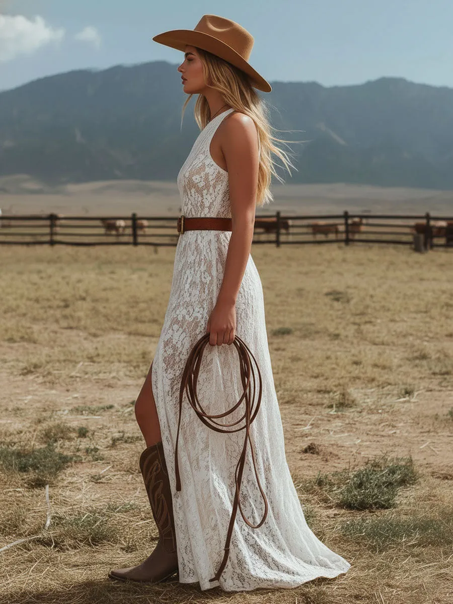 One-shoulder Asymmetrical Neckline Sleeveless Side Slit Floral Lace Maxi Dress sold by Oyrosy product image thumbnail 2