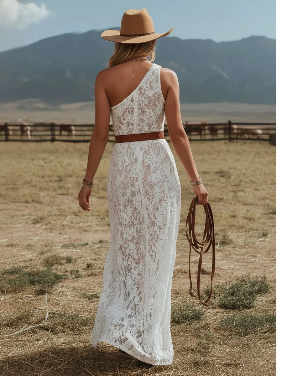 One-shoulder Asymmetrical Neckline Sleeveless Side Slit Floral Lace Maxi Dress sold by Oyrosy product image thumbnail 3