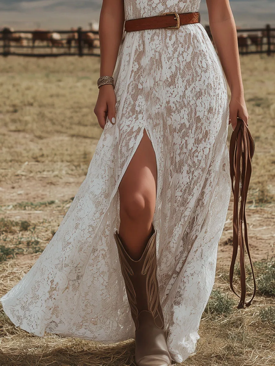 One-shoulder Asymmetrical Neckline Sleeveless Side Slit Floral Lace Maxi Dress sold by Oyrosy product image thumbnail 5