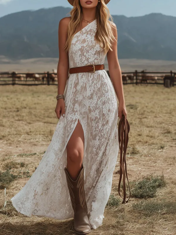 One-shoulder Asymmetrical Neckline Sleeveless Side Slit Floral Lace Maxi Dress made by Oyrosy