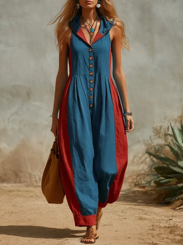 Color-blocked Cotton And Linen Patchwork Hooded Sleeveless Jumpsuit made by Oyrosy
