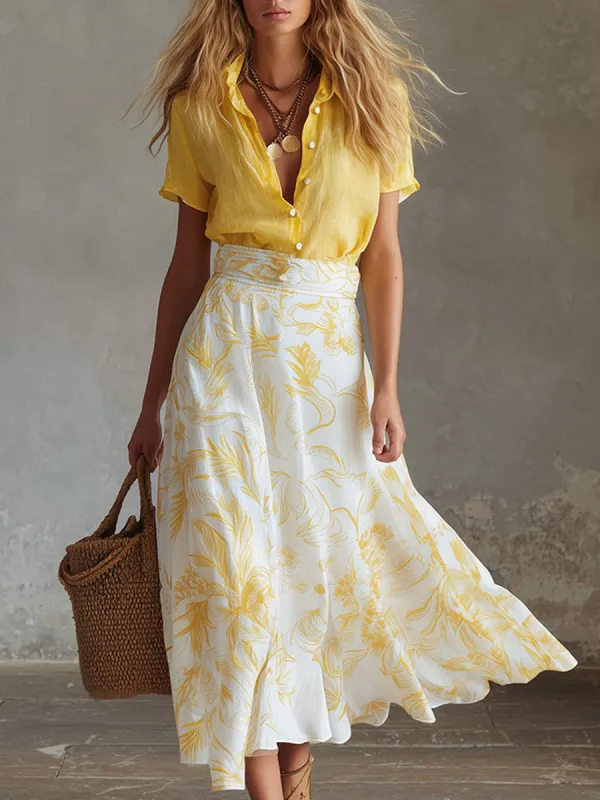 Elegant Summer Vacation Outfit Yellow Cotton-Linen T-Shirt & Moon-Print Chiffon Skirt Set made by Oyrosy
