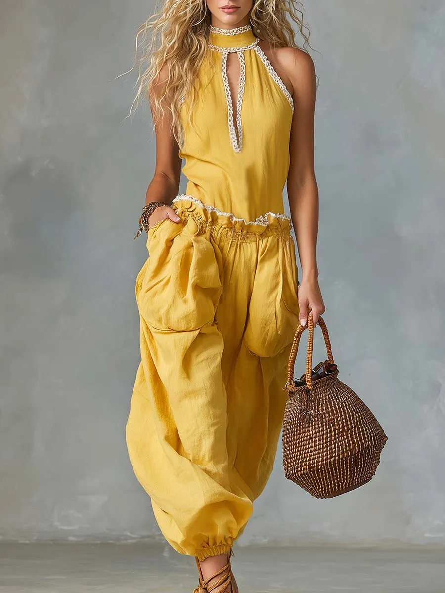 Soleil Sunflower Linen Lace Trim Set Romantic Resort Ease sold by Oyrosy