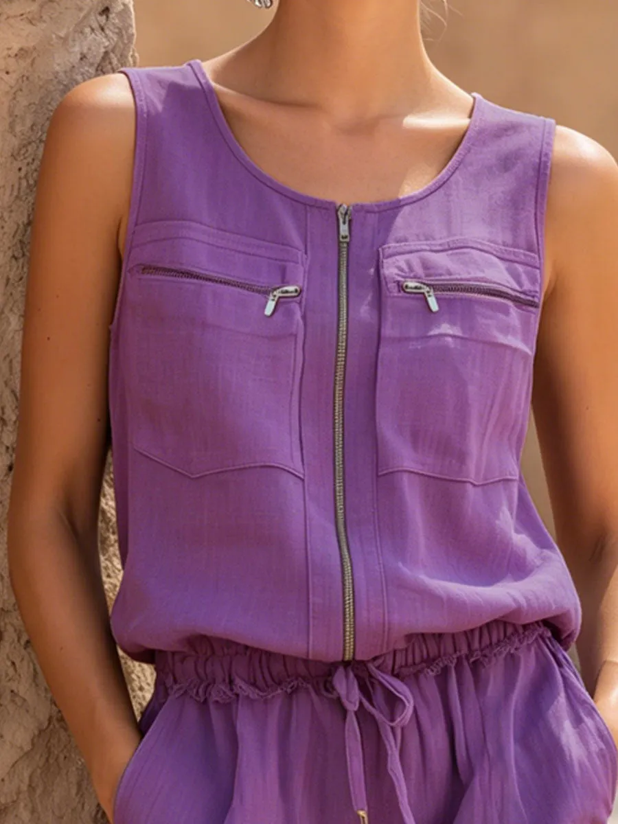 Purple Crew Neck Zip-up Cotton Linen Sleeveless Top And Shorts Set sold by Oyrosy product image thumbnail 4