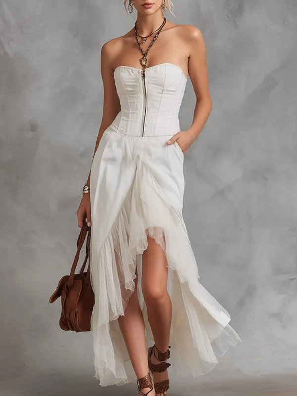 Vintage-Elegant Tulle-Trimmed White Off-the-Shoulder Maxi Dress made by Oyrosy