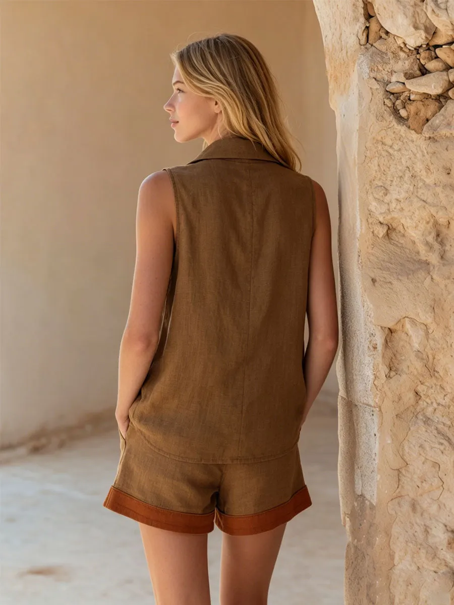 Retro Cotton And Linen Collared Sleeveless Top And Shorts Set sold by Oyrosy product image thumbnail 3