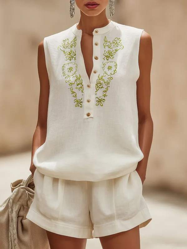 Retro Cotton And Linen Embroidered Sleeveless Top And Shorts Set made by Oyrosy