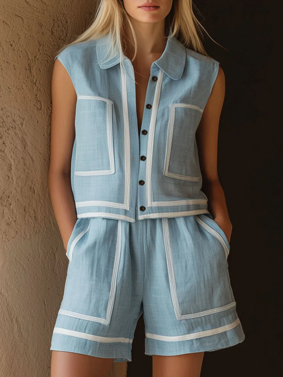 Retro Cotton-linen Collared Sleeveless Shirt And Shorts Set sold by Oyrosy