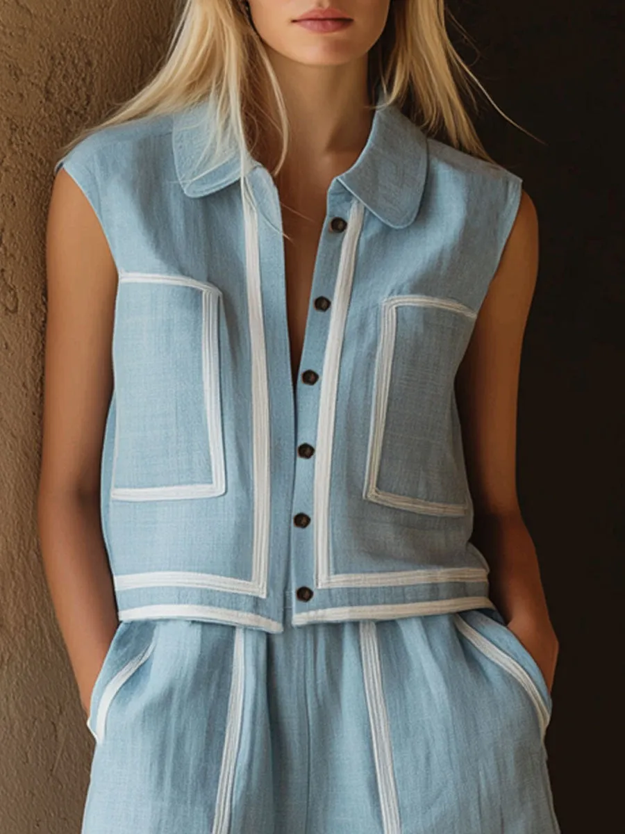 Retro Cotton-linen Collared Sleeveless Shirt And Shorts Set sold by Oyrosy product image thumbnail 4