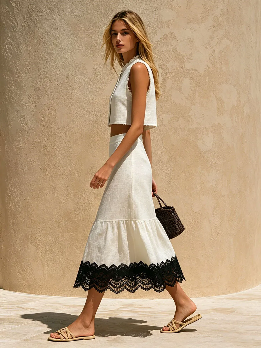 Retro-elegant Color-blocked Lace White Sleeveless Cotton-linen Shirt And Skirt Set sold by Oyrosy product image thumbnail 3