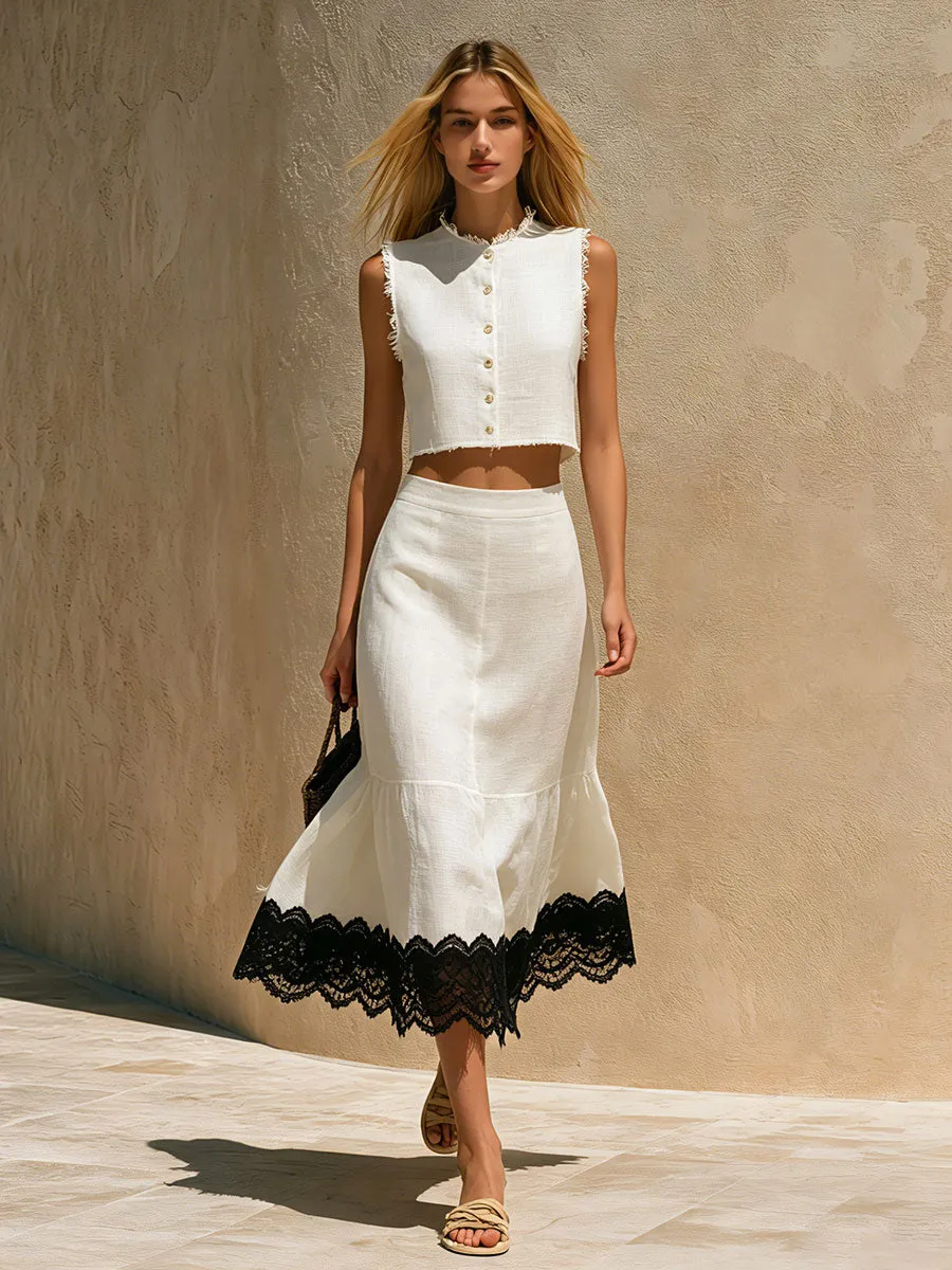 Retro-elegant Color-blocked Lace White Sleeveless Cotton-linen Shirt And Skirt Set sold by Oyrosy product image thumbnail 2