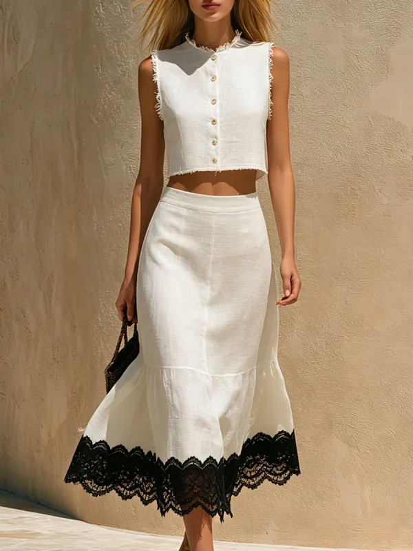 Retro-elegant Color-blocked Lace White Sleeveless Cotton-linen Shirt And Skirt Set made by Oyrosy