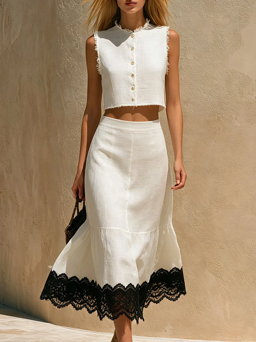 Retro-elegant Color-blocked Lace White Sleeveless Cotton-linen Shirt And Skirt Set sold by Oyrosy
