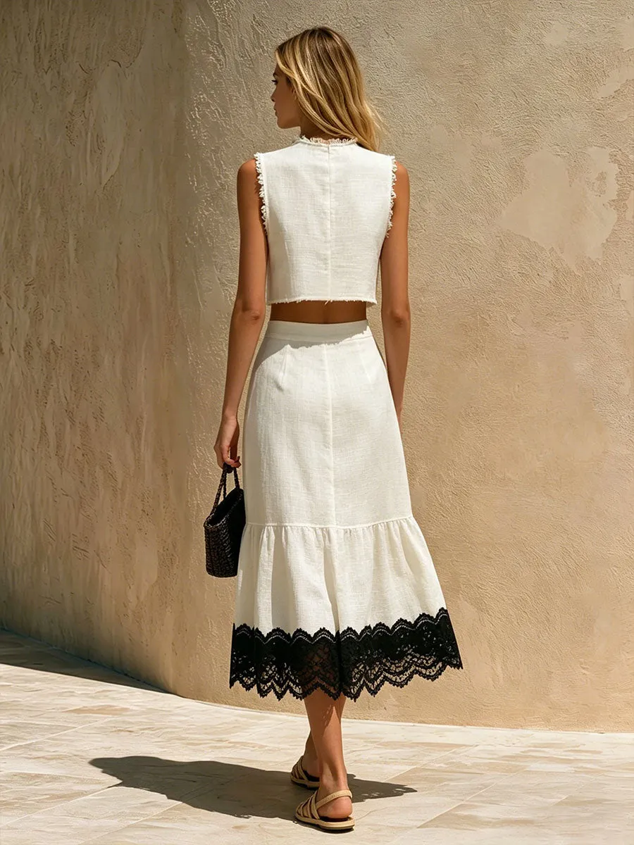 Retro-elegant Color-blocked Lace White Sleeveless Cotton-linen Shirt And Skirt Set sold by Oyrosy product image thumbnail 4