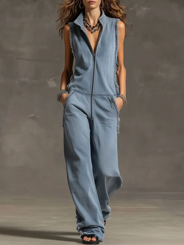 Fashionable Retro Blue-grey Denim Zipper Sleeveless Frayed Edge Jumpsuit made by Oyrosy