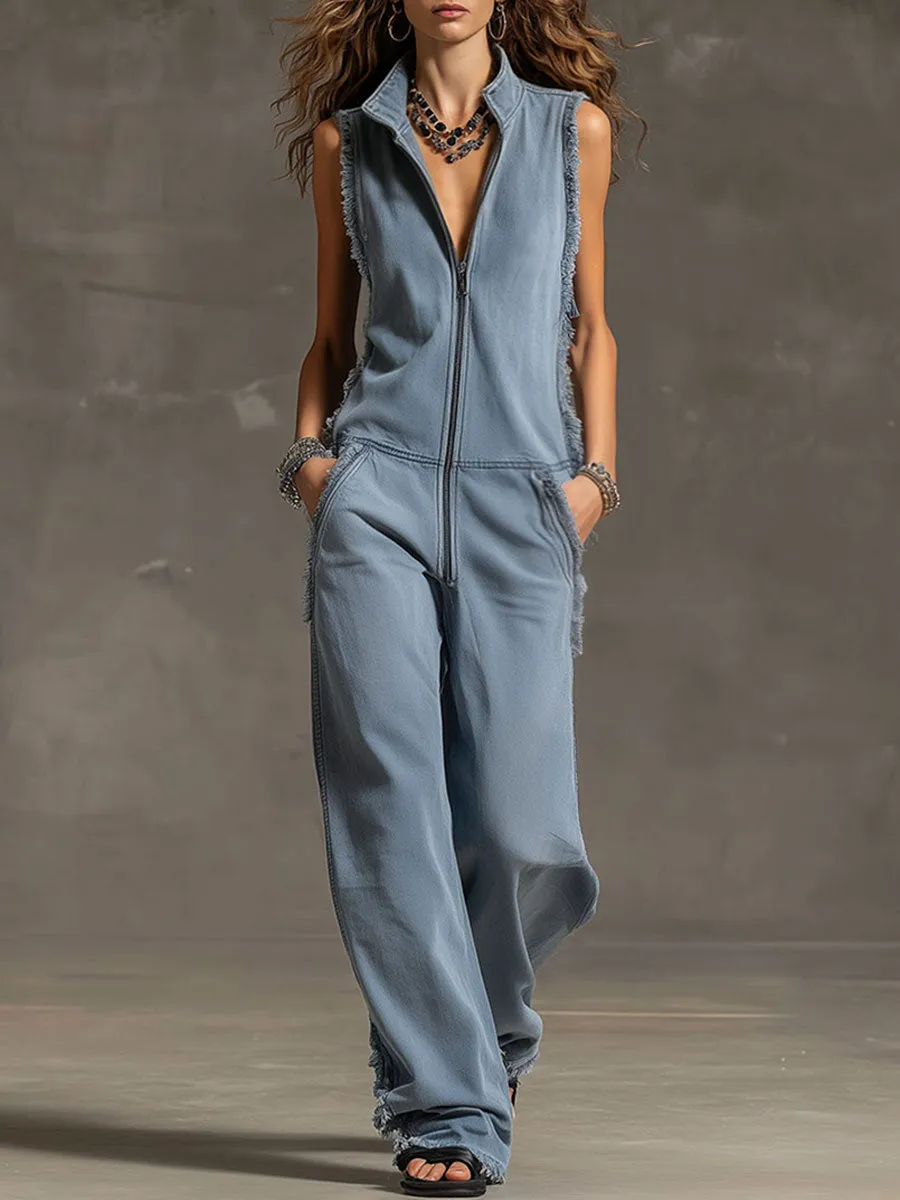 Fashionable Retro Blue-grey Denim Zipper Sleeveless Frayed Edge Jumpsuit sold by Oyrosy
