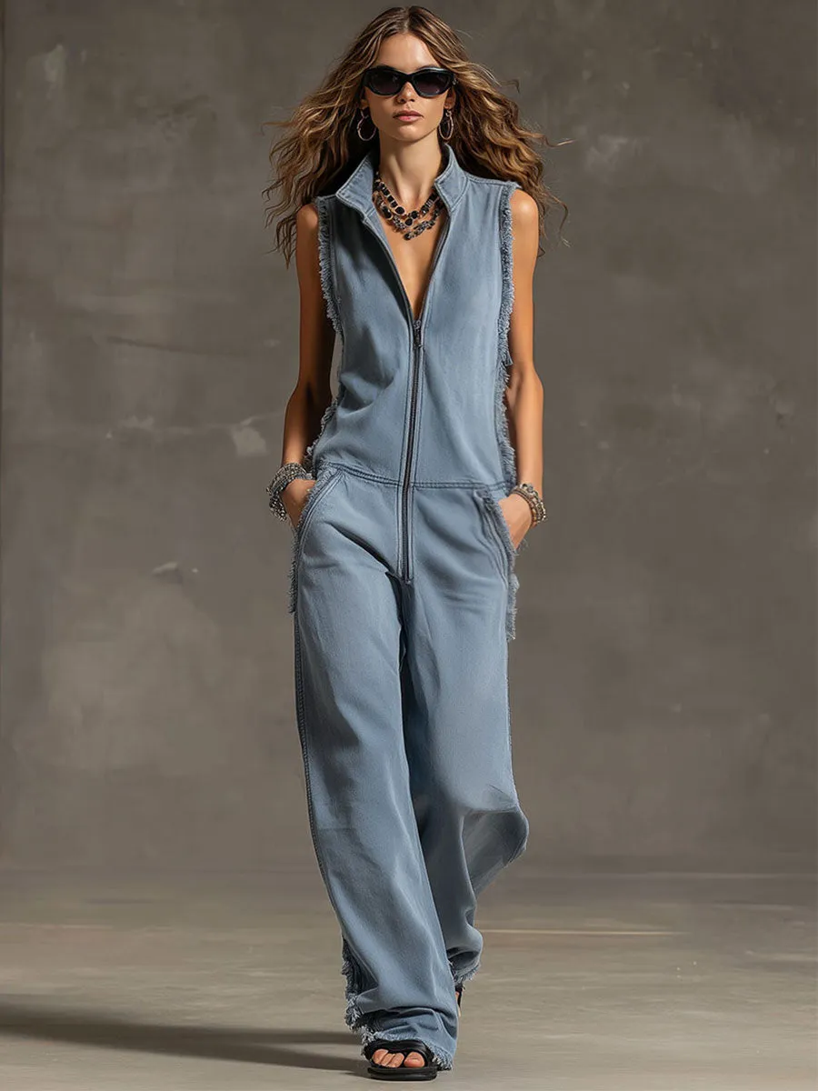 Fashionable Retro Blue-grey Denim Zipper Sleeveless Frayed Edge Jumpsuit sold by Oyrosy product image thumbnail 2
