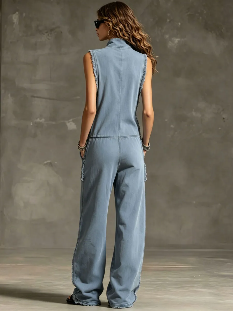 Fashionable Retro Blue-grey Denim Zipper Sleeveless Frayed Edge Jumpsuit sold by Oyrosy product image thumbnail 3