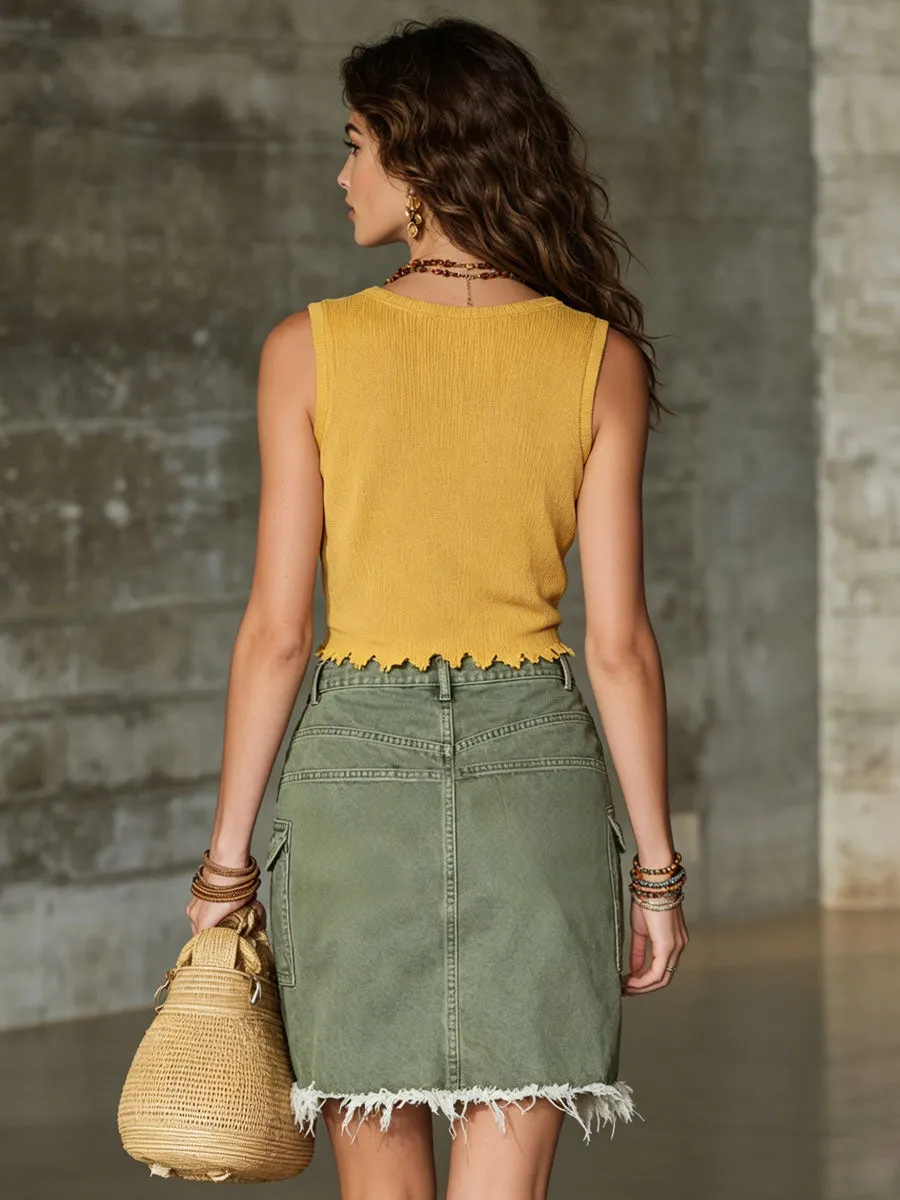 Casual Retro Yellow Knitted V-neck Irregular Frayed Sleeveless Top sold by Oyrosy product image thumbnail 3