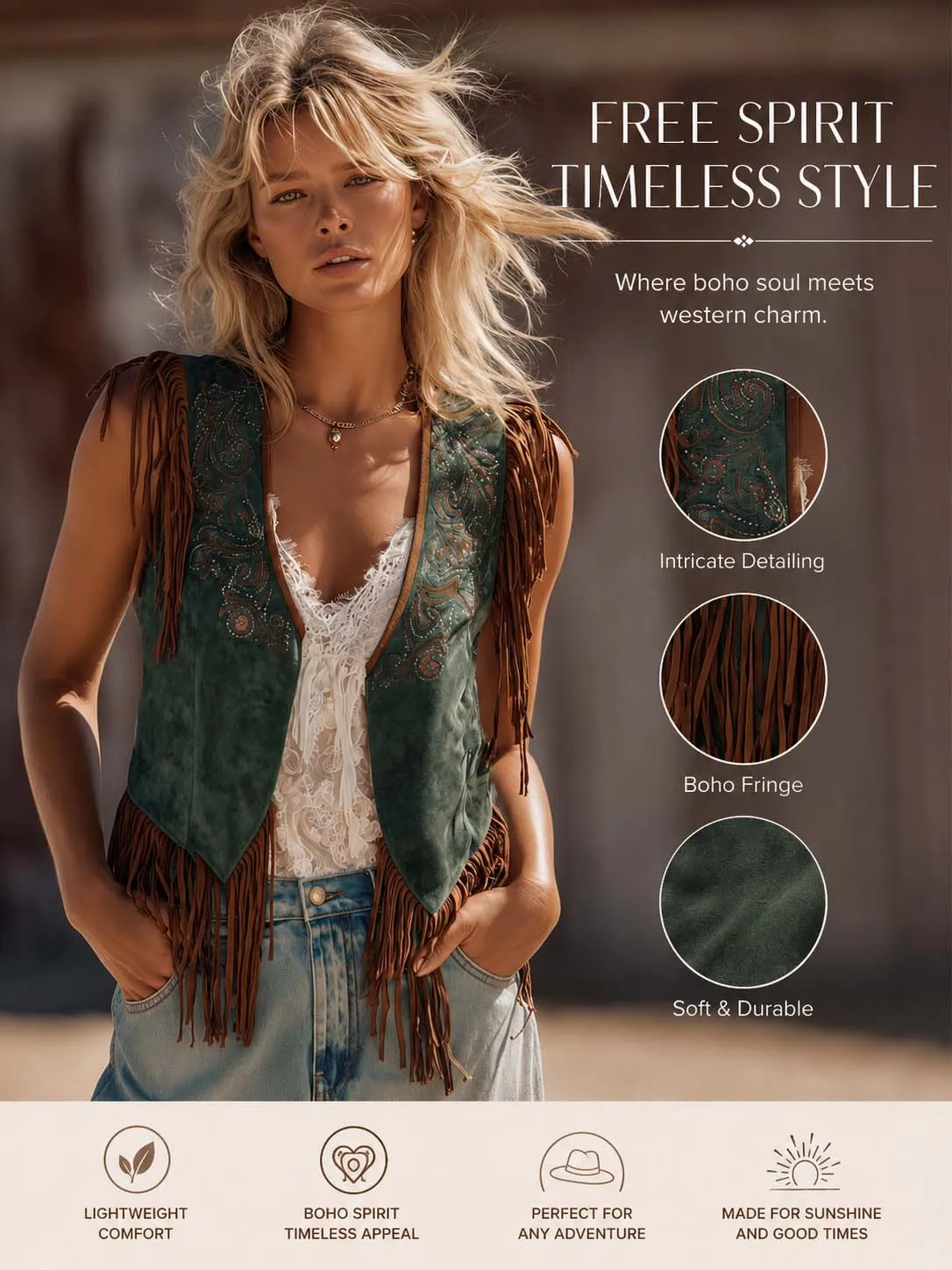 Vintage Western Embroidered V-Neck Emerald Faux Suede Fringe Vest sold by Oyrosy product image thumbnail 2