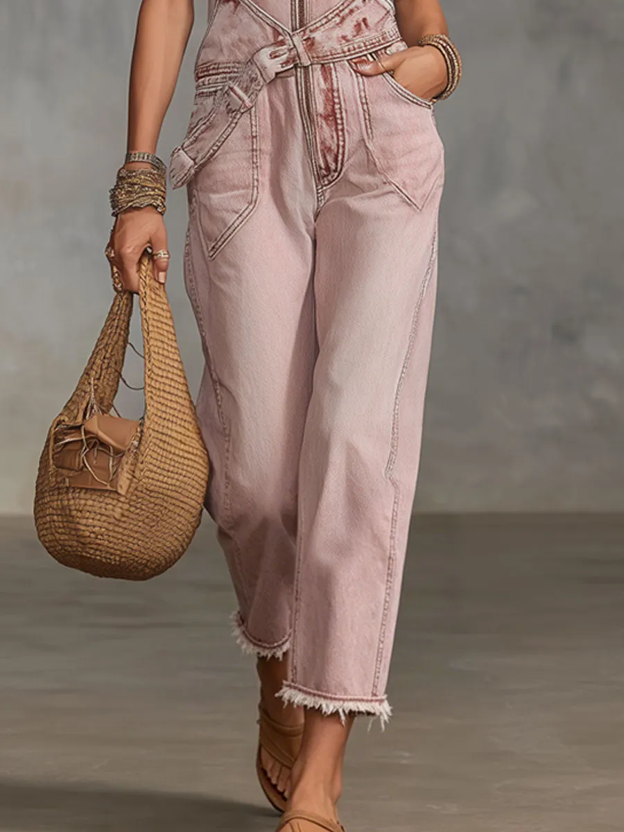 Western Retro Lace-up Pink Denim Overalls With Frayed Edges sold by Oyrosy product image thumbnail 3