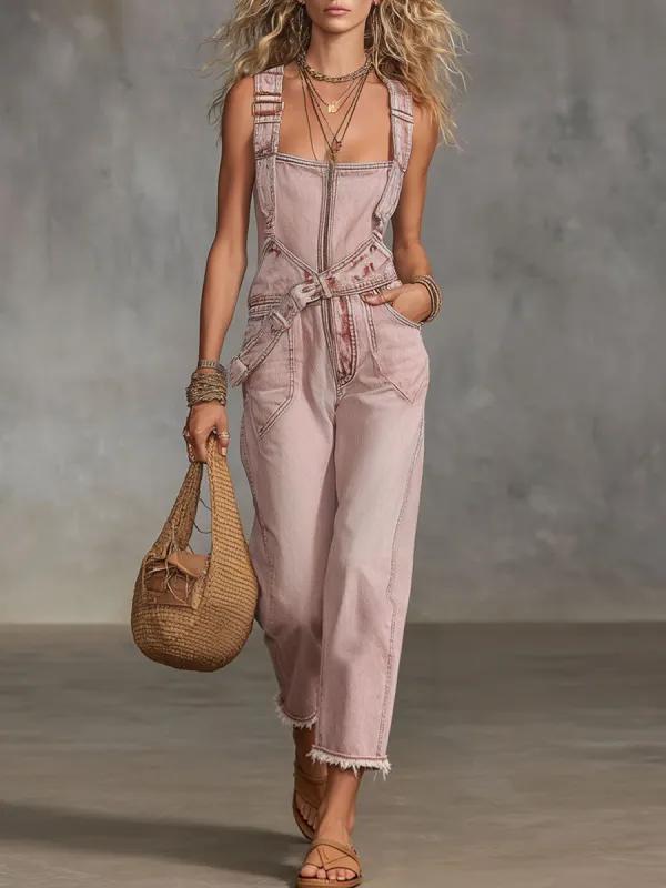 Western Retro Lace-up Pink Denim Overalls With Frayed Edges made by Oyrosy