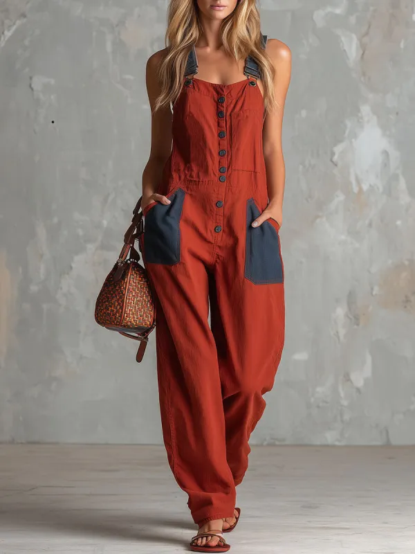 Casual Retro Denim Patchwork Red Overall Cotton Jumpsuit made by Oyrosy