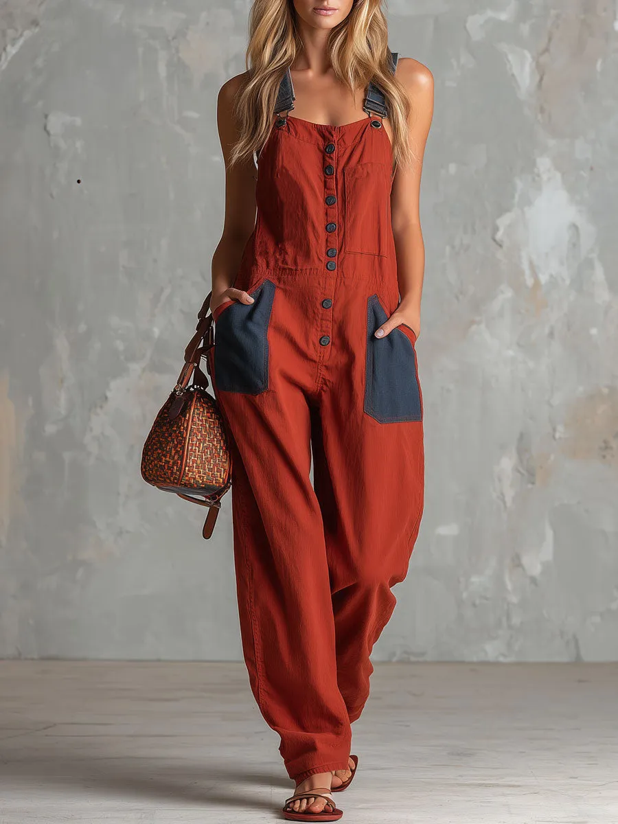 Casual Retro Denim Patchwork Red Overall Cotton Jumpsuit sold by Oyrosy