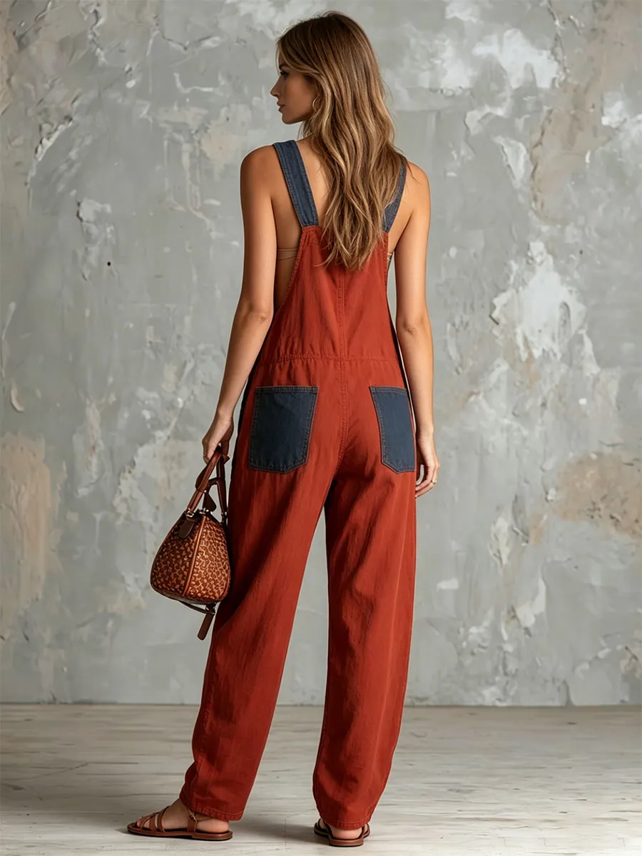 Casual Retro Denim Patchwork Red Overall Cotton Jumpsuit sold by Oyrosy product image thumbnail 3