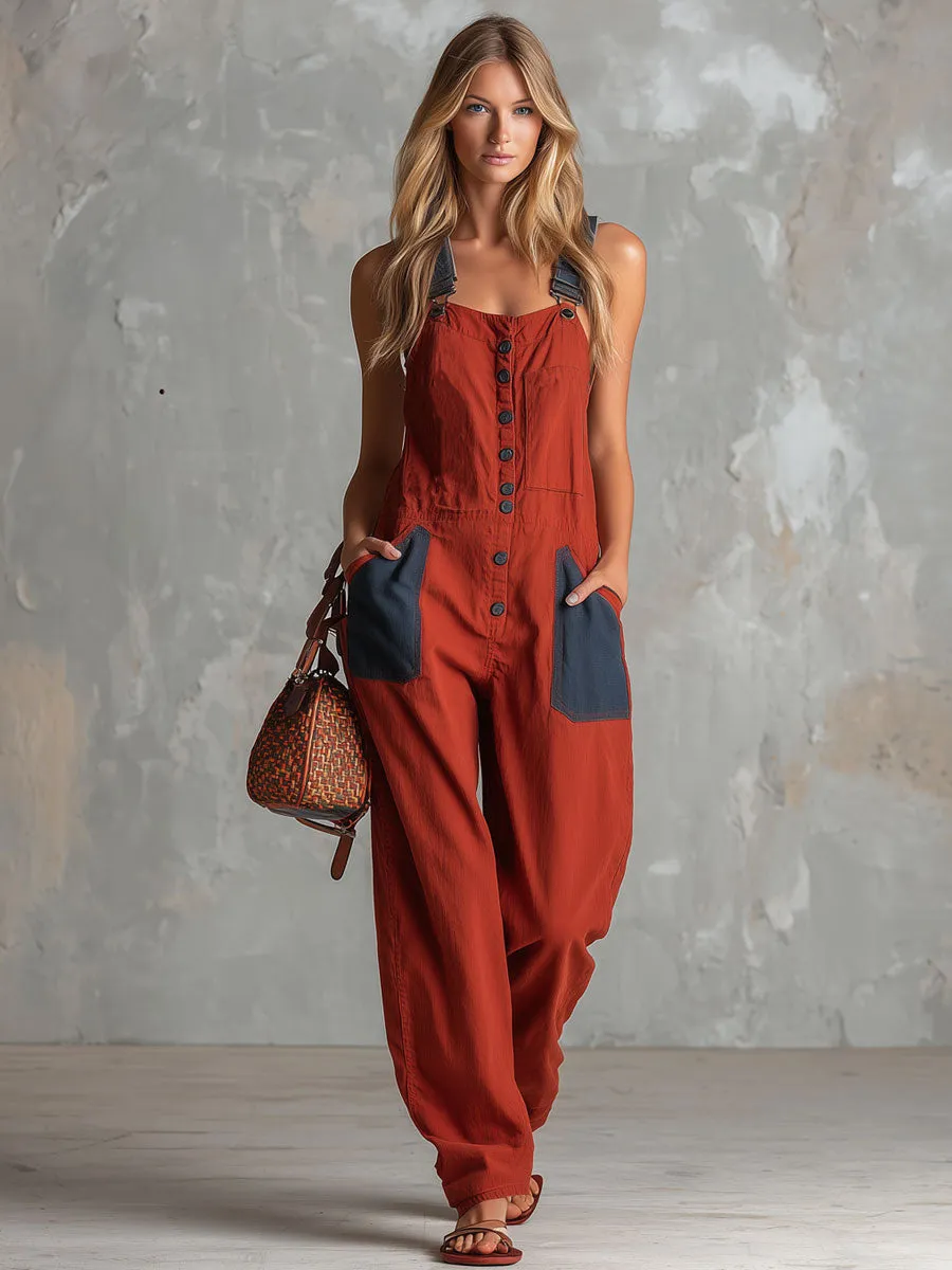 Casual Retro Denim Patchwork Red Overall Cotton Jumpsuit sold by Oyrosy product image thumbnail 2