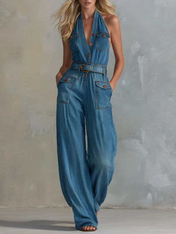 Casual Retro Blue Sleeveless Button Pocket Denim Jumpsuit made by Oyrosy