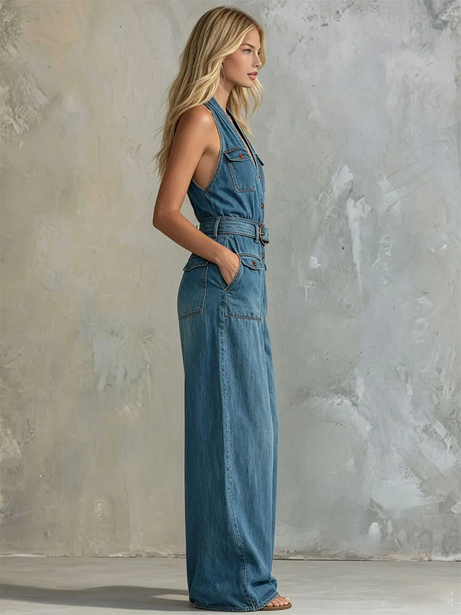 Casual Retro Blue Sleeveless Button Pocket Denim Jumpsuit sold by Oyrosy product image thumbnail 3