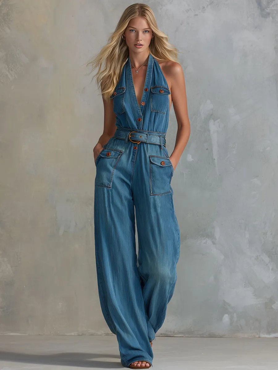 Casual Retro Blue Sleeveless Button Pocket Denim Jumpsuit sold by Oyrosy product image thumbnail 2