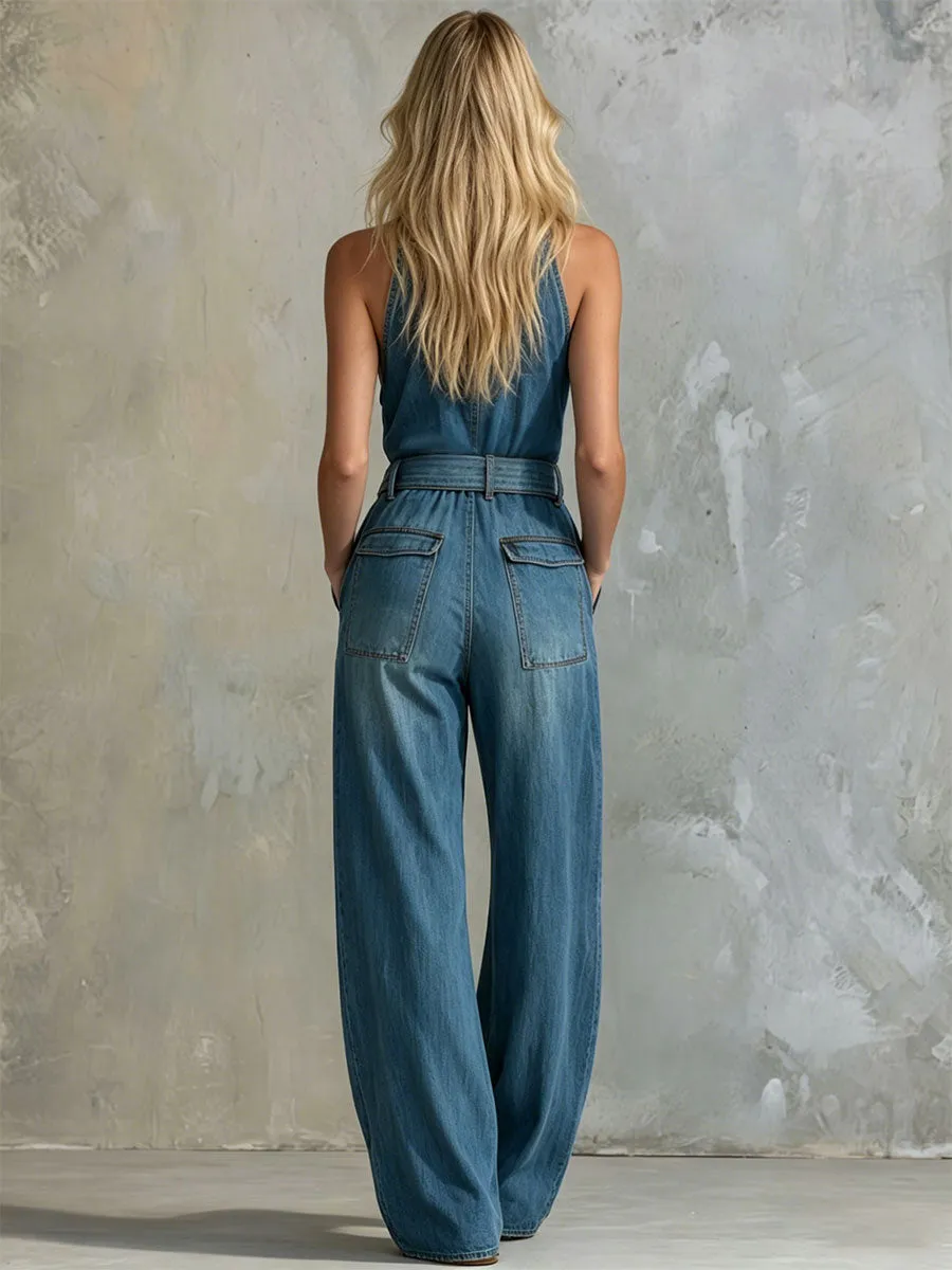Casual Retro Blue Sleeveless Button Pocket Denim Jumpsuit sold by Oyrosy product image thumbnail 4
